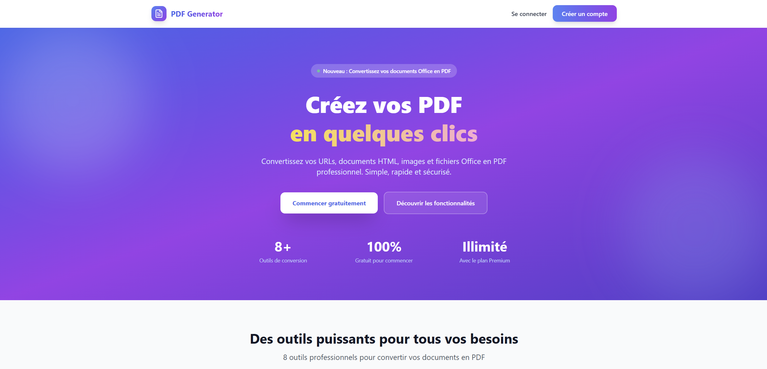 PDF Generator — Capture d'écran de la page d'accueil